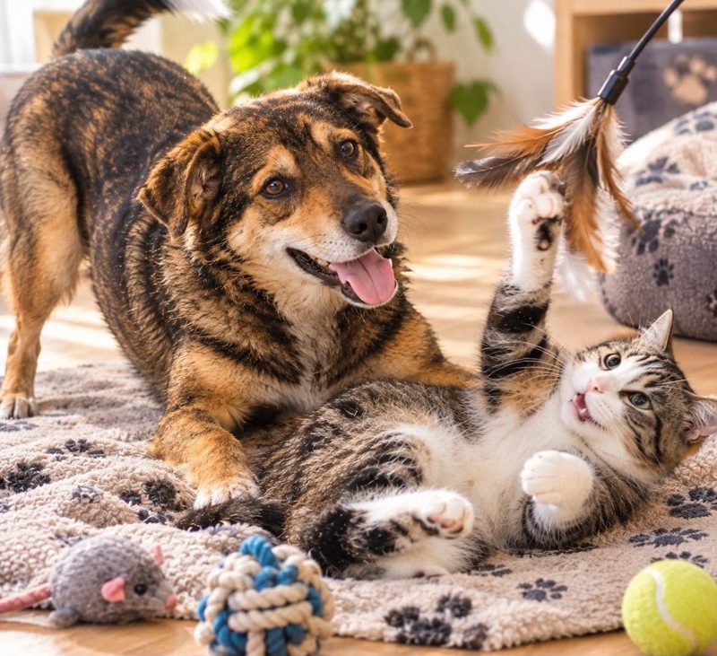 Un chien et un chat paisiblement lovés ensemble, en confiance