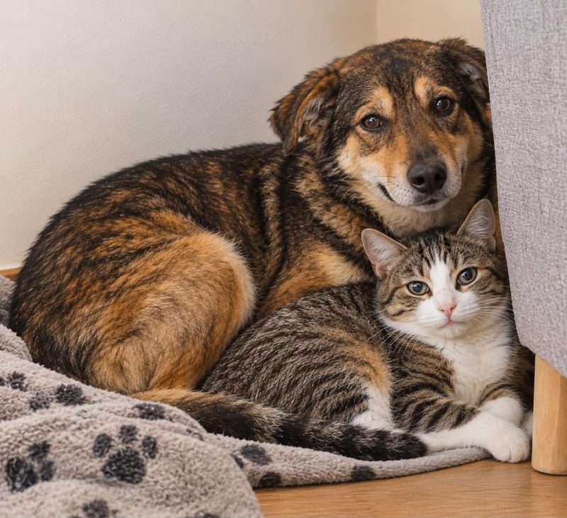 Un chien et un chat qui jouent ensemble sur un tapis, avec des jouets